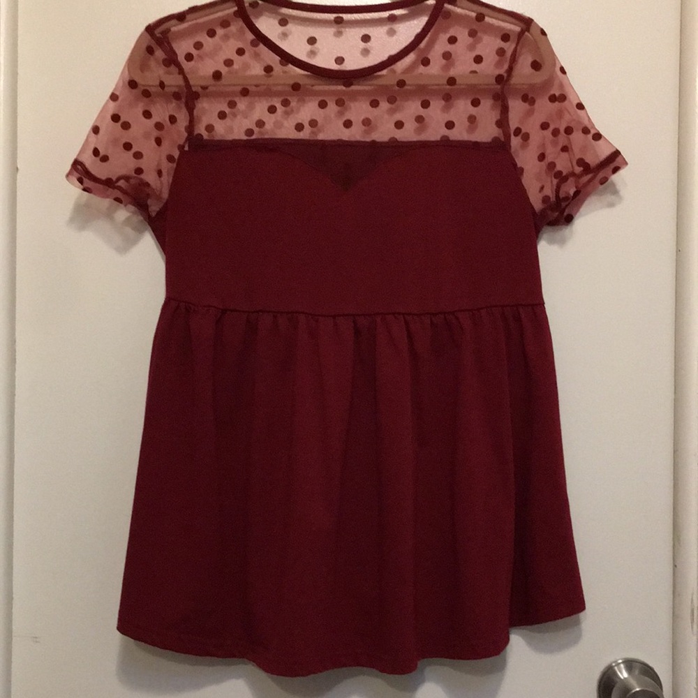 Burgundy Whimsigothic, Dark Coquette Sheer top with Ruffled Bottom Blouse
